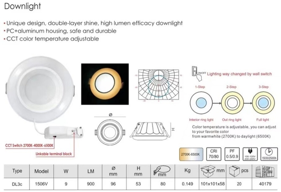 3-stap Dimmable 900lm Muare ingespannen LED Downlight voor binnenverlichting Wandwasser